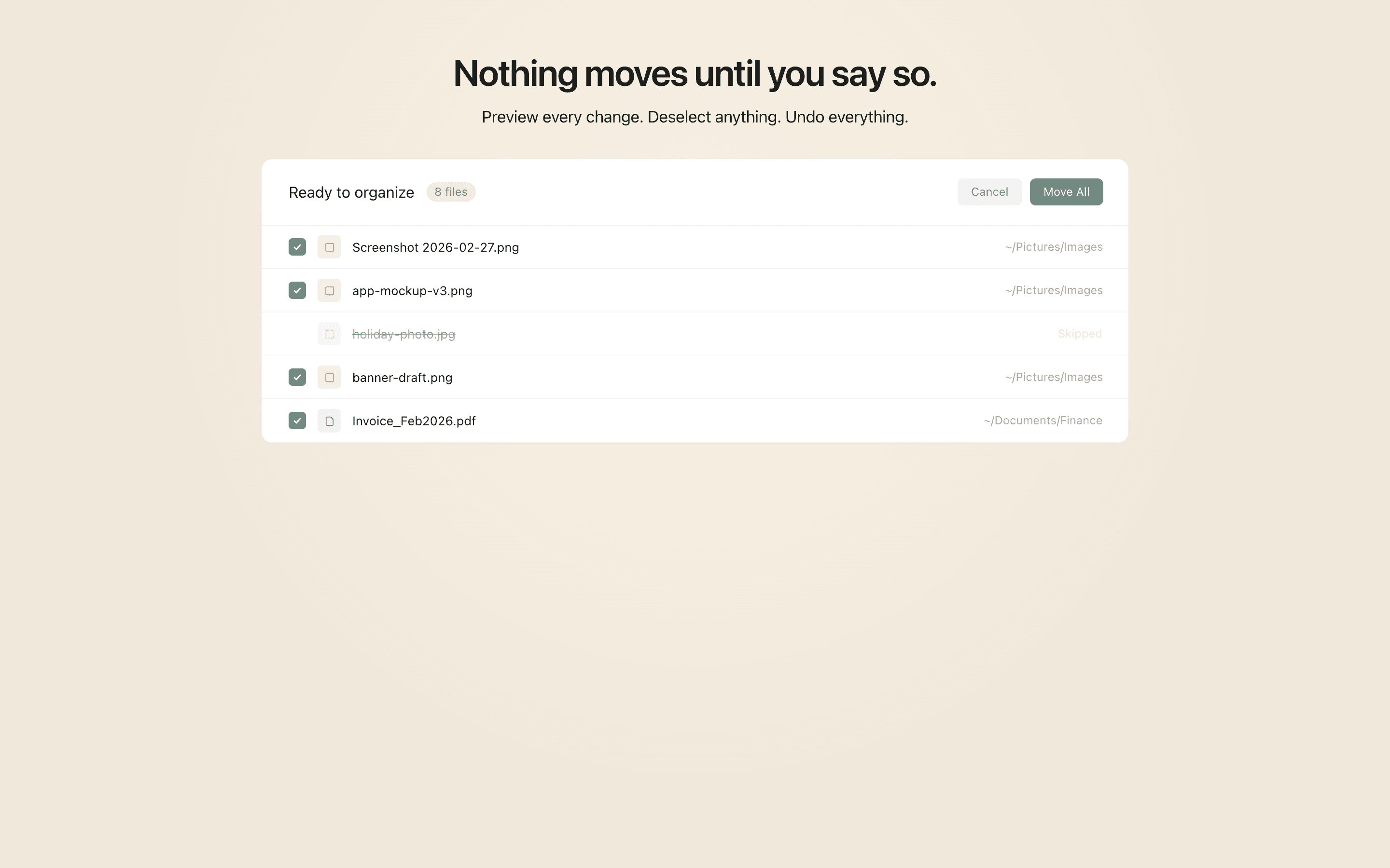 Forma preview queue showing file moves before approval